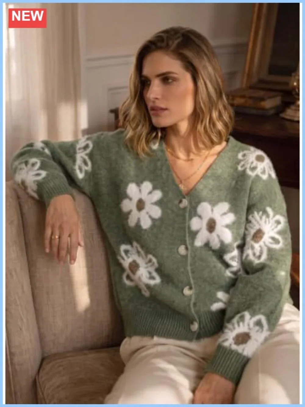 Women's Fuzzy Open Front Knit Cardigan Floral Button Detail Sweater